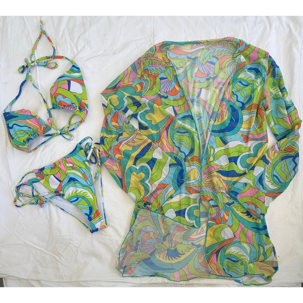 3 Piece Psychedelic Swirl Bikini Set with Mesh Cover Up Green‎ Blue Pink